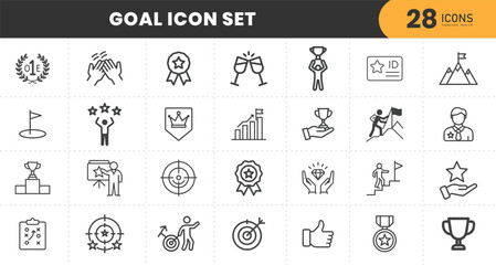  Business goals thin line icon vector set. Containing target, aim, accurate, objective, and mission of success, achievement, victory, winner, planning checklist, trophy, champion, mountain peak
