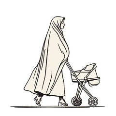 Woman in Hijab Walking with Baby Stroller