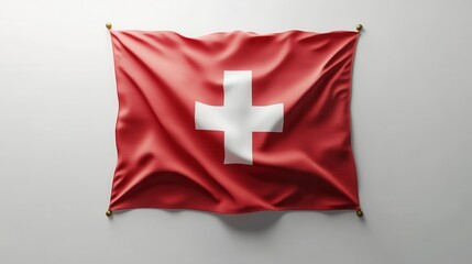 Top view of a Swiss flag on a white surface, featuring ample empty space for text