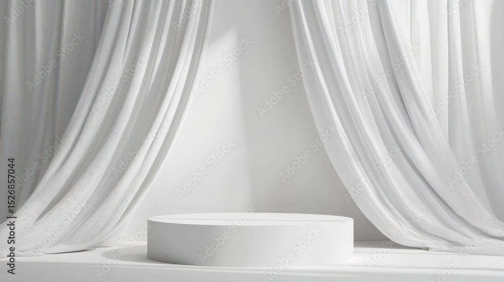 Poster minimalist white podium with a backdrop of soft draping curtains, adding a layer of elegance and sof