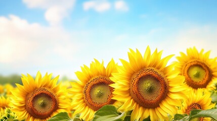 Fototapeta premium AI Image. Banner with sunflowers against blur sky with copy space
