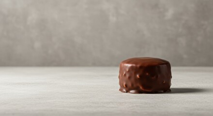 Single chocolate-covered cake on a grey surface. Soft grey background.