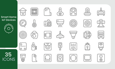 Smart Home  IoT Devices line icon set. phone, surveillance,switch, door lock, wireless, remote control, computer, hub, speaker and more. Outline vector icon in linear style. Series of pictograms