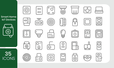 Smart Home  IoT Devices line icon set. phone, money,mail, mobile, wireless, remote control, computer, hub, arrow and more. Outline vector icon in linear style. Series of pictograms
