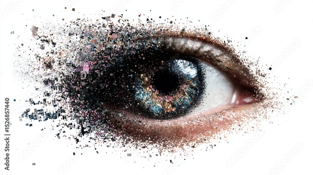 Poster Pixelated Eye Dissolving Into Clean Digital Space Creates a Mesmerizing Visual Effect in a Minimalistic Design