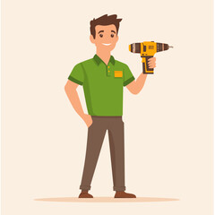 Cheerful handyman with a drill in stylish attire