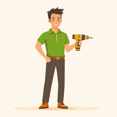 Cheerful handyman with a drill in stylish attire