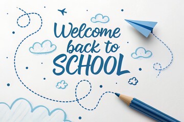 Welcoming Back to School With a Blue Pencil, Paper Airplane and Playful Cloud Doodles in a Minimalist Composition On White Background.