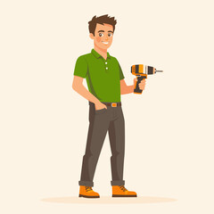 Cheerful handyman with a drill in stylish attire