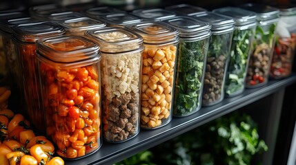 Assortment of preserved ingredients neatly displayed in glass jars on a shelf.