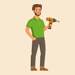 Cheerful handyman with a drill in stylish attire