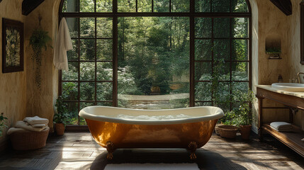 Fototapeta premium Rustic bathroom with a golden vintage bathtub, large glass windows, forest view, and natural sunlight creating a peaceful, spa-like ambiance. 