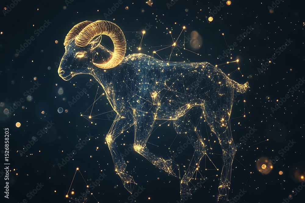Poster 3d rendering of a ram on a black background with golden particles