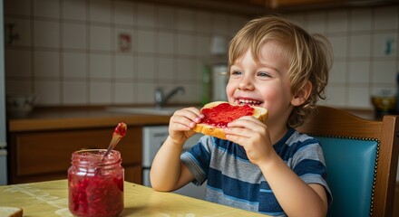A blond boy smiles while eating jam on toast at a table in a kitchen. A jar of jam sits nearb
