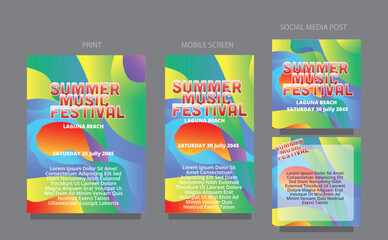  fluid design template multiple platform for print, mobile screen and social media post vector illustration. Abstract Festival Wave. Summer Fluid Design for Media Posts
