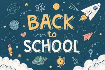 Whimsical Back-to-School Illustration with Cartoonish Elements: Globes, Rockets, Paper Airplanes, Stars, Pencils, and Clouds on a Dark Teal Textured Background for Educational Designs.