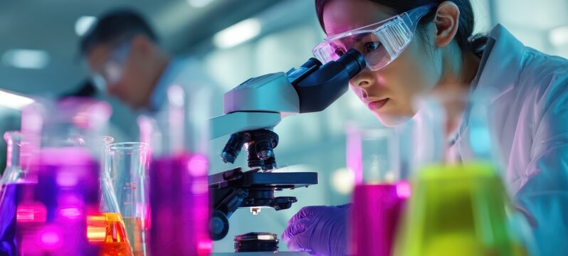 The scientist analyzing samples using a microscope in a vibrant laboratory setting.