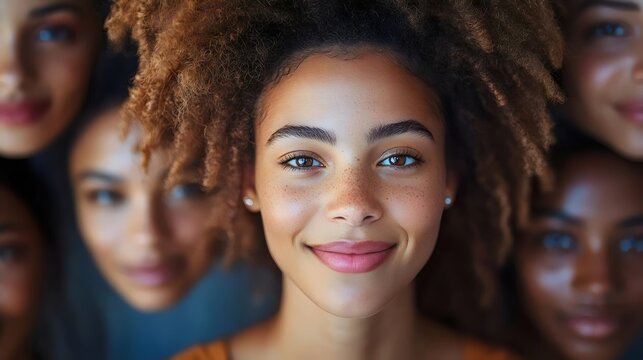 A smiling woman with freckles and curly hair, surrounded by blurred faces.