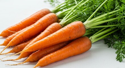Close-up of a pile of fresh orange carrots with green leafy tops, lying on a light-colored surface.