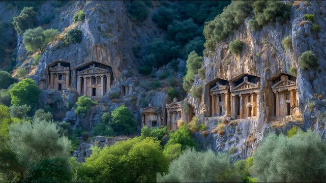 Ancient Rock-Cut Tombs Carved into a Majestic Cliff Face in a Serene Landscape