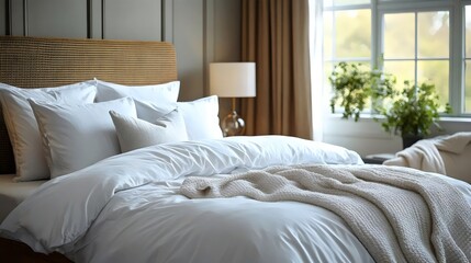 The inviting bedroom features a bed with white linens and a warm blanket, promising relaxation.