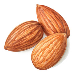 Hand painted watercolor illustration of three shelled almonds isolated on transparent background