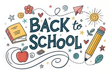 Hand-Drawn "Back to School" Illustration Featuring a Book, Apple, Pencil, Paper Airplane, and Other Cute School-Related Doodles on a Clean White Background.