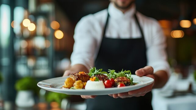 Waiter Serving Elegant Gourmet Dishes in Fine Dining Restaurant