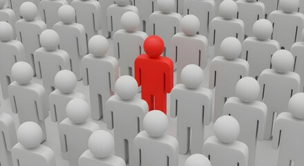 A large group of identical white human-shaped figures is standing close together. In the center of the crowd, one figure of a different color stands out prominently.