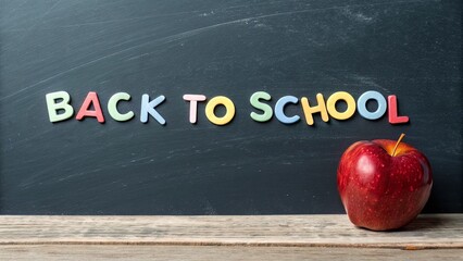 Colorful "Back to School" Letters on a Dark Chalkboard with a Red Apple and a Wooden Desk Surface, A Symbol of Education.