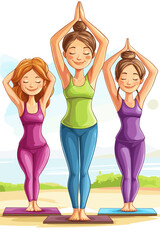 Women practicing yoga in colorful outfits
