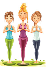 Women practicing yoga in colorful outfits