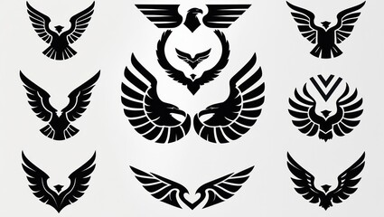 Eagle silhouettes in various poses, decorative designs