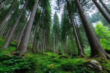 Lush green forest with tall trees and mossy ground in tranquil landscape
