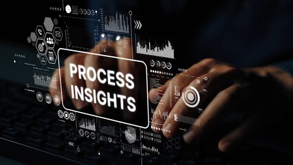 Hands Typing on Keyboard with Digital Process Insights Overlay for Data Analysis and Business...