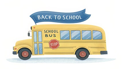 A whimsical, hand-drawn illustration of a classic yellow school bus with a "Back to School" banner, evoking childhood nostalgia and the excitement of learning.