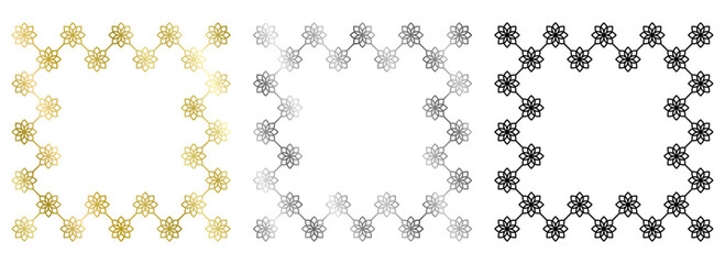 Set of golden, silver, black frames with flowers isolated on white. Vector square frame. Frame for text, certificate, pictures, postcard. Element for design. Gold, metal