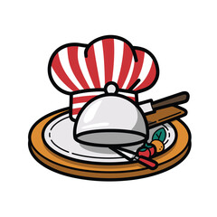 vector icons cooking food chef hat include a pizza slice, a sushi roll, spaghetti and meatballs, a curry bowl burger , fish 

