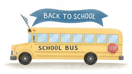 Back to School Illustration of a Classic Yellow School Bus with a Blue Ribbon Banner and Retro Texture.