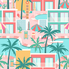 Hotel poolside scene seamless pattern. Palm trees, sun loungers, parasols, colorful motel buildings, pool area illustration in pastel colors. Sunny vibes. Summer vacation in mid-century modern style