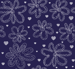 Beautiful decorative vector seamless pattern with handwritten flowers and Valentine hearts