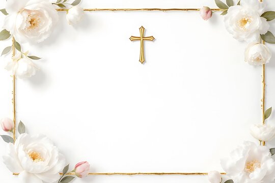 Floral frame with gold cross on white background for invitations  