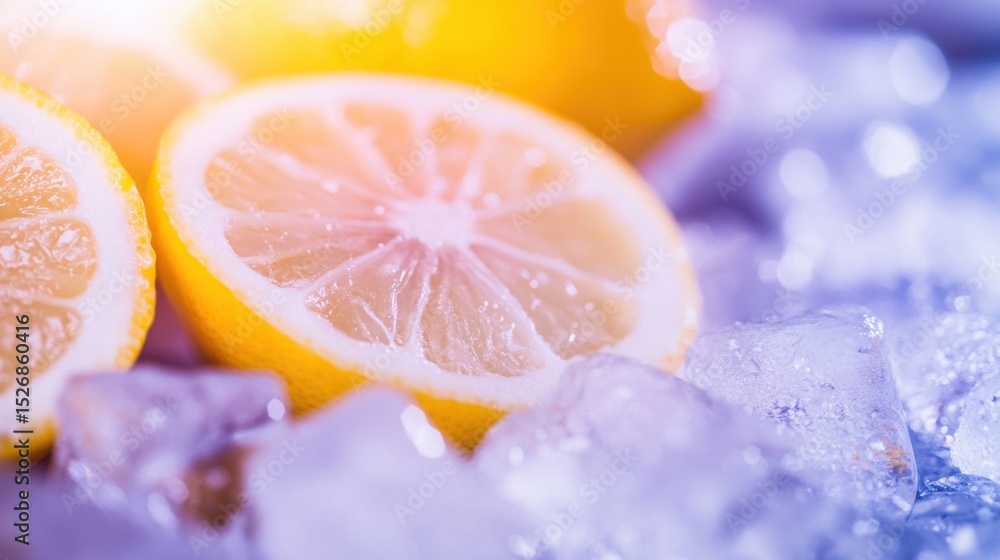 Poster fresh lemon slices resting on ice with sunlight highlighting their texture