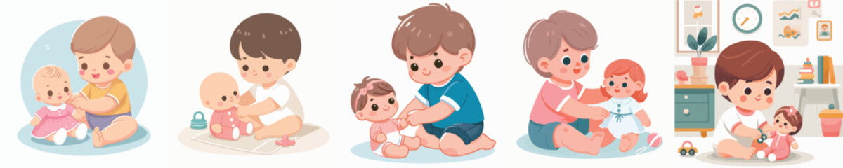 Vector of a baby playing with a doll
