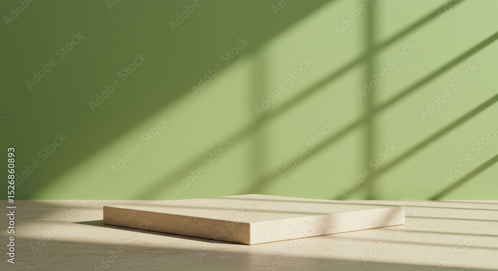 Poster minimalist product display platform with window shadows on a light green wall in studio setting
