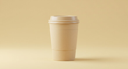 Isolated beige coffee cup with lid on a beige background in a studio setting with soft lighting