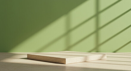 Minimalist product display platform with window shadows on a light green wall in studio setting