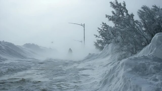 A lone figure battles a blizzard, a testament to nature's raw power and human resilience.