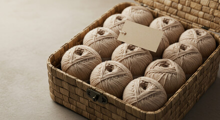 A woven basket filled with balls of yarn and a blank tag on a neutral colored surface in soft light