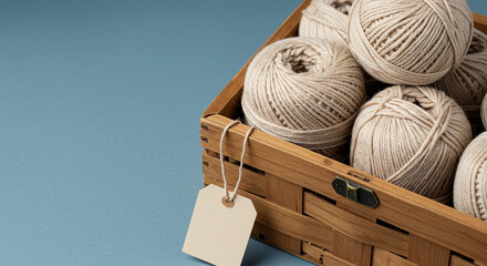 A close up of a wooden box filled with balls of yarn and a blank tag against a blue background